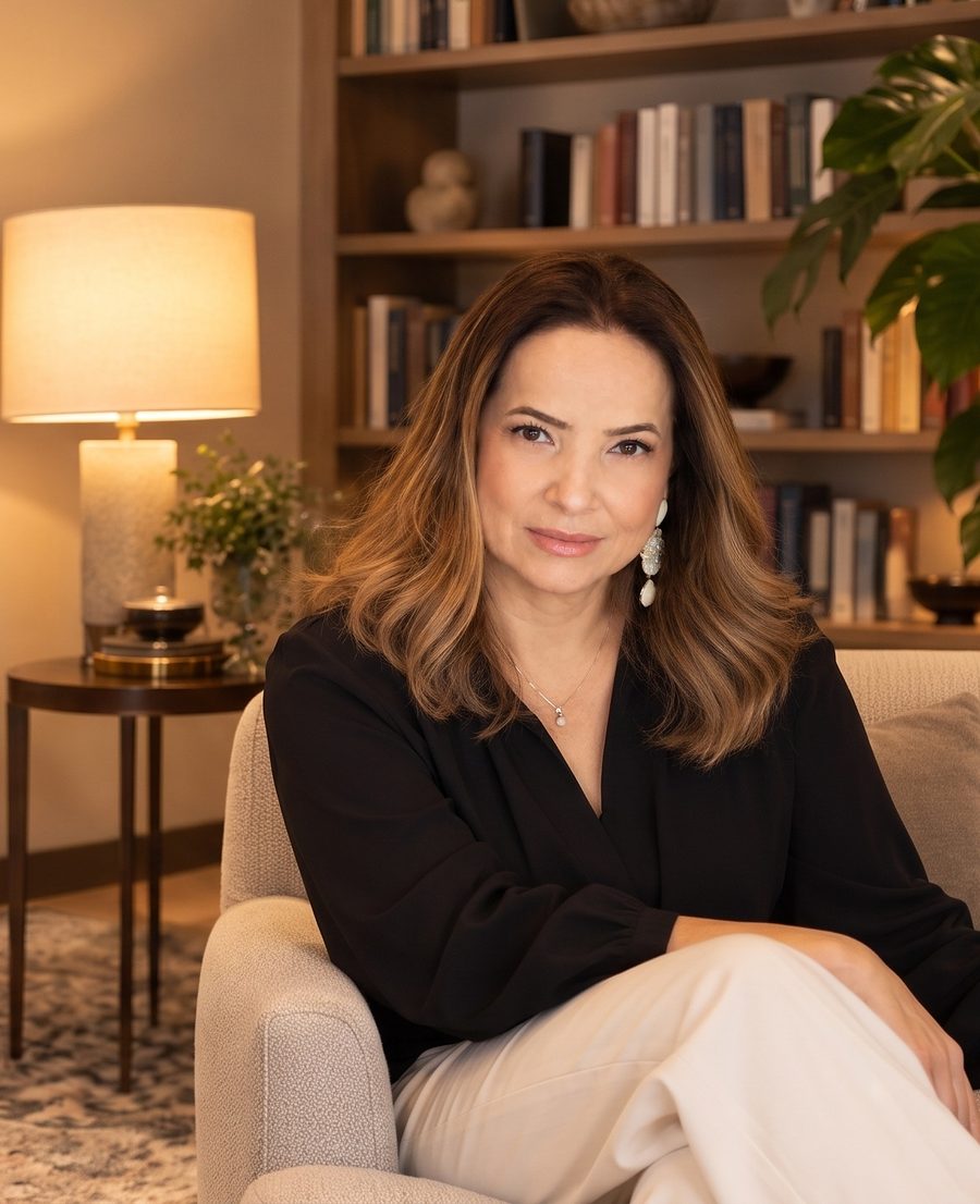 Ellen Casadonte no consultório, sentada na poltrona ao lado da luminária